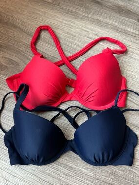Aerie Bikini Top Bundle Lot of 2 Underwire Push Up Coral Red Navy Blue Size 34D